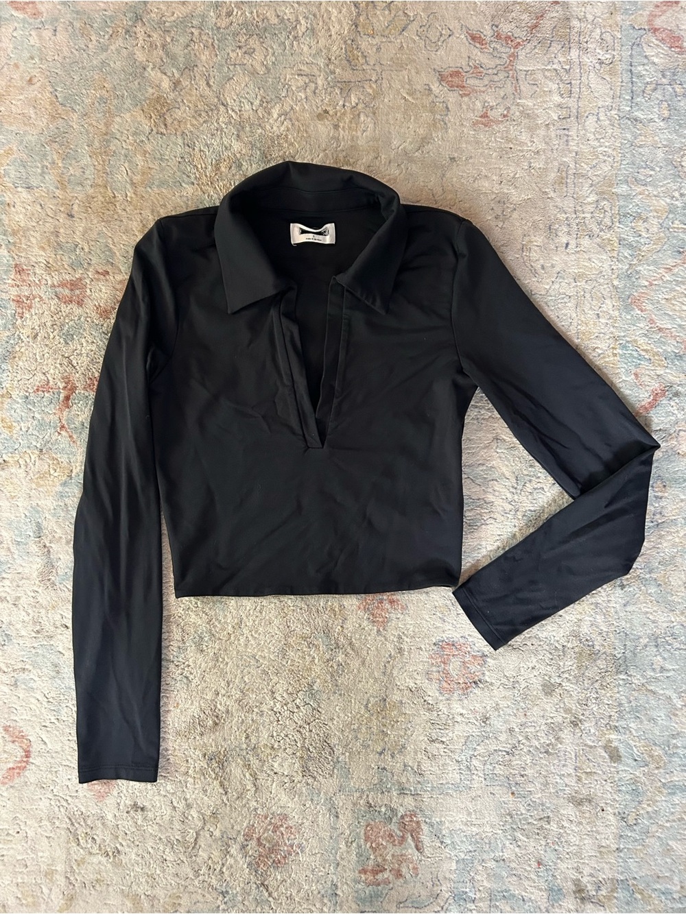 Babaton Black Long Sleeve Polo Crop Top
